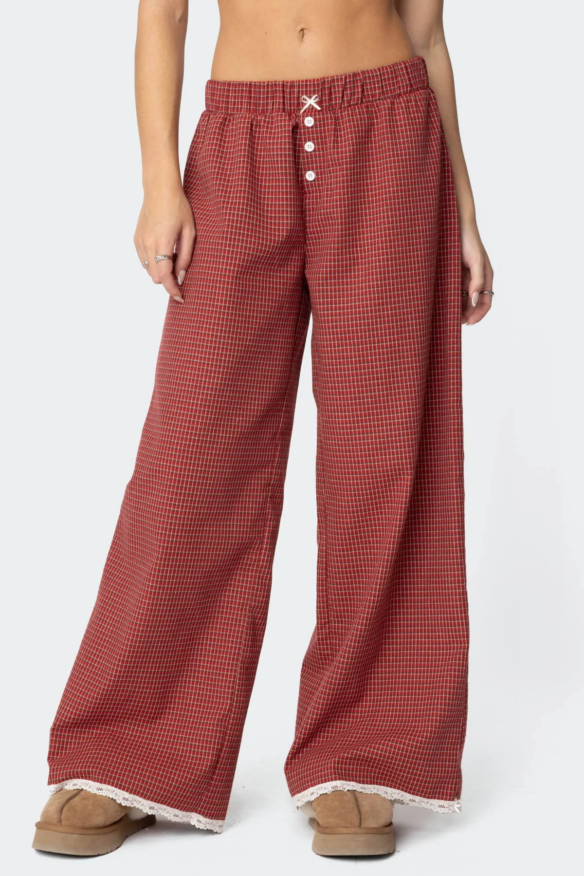 Red Plaid Lounge Pants Womens Elastic Waist Lace Trim Bow Detail