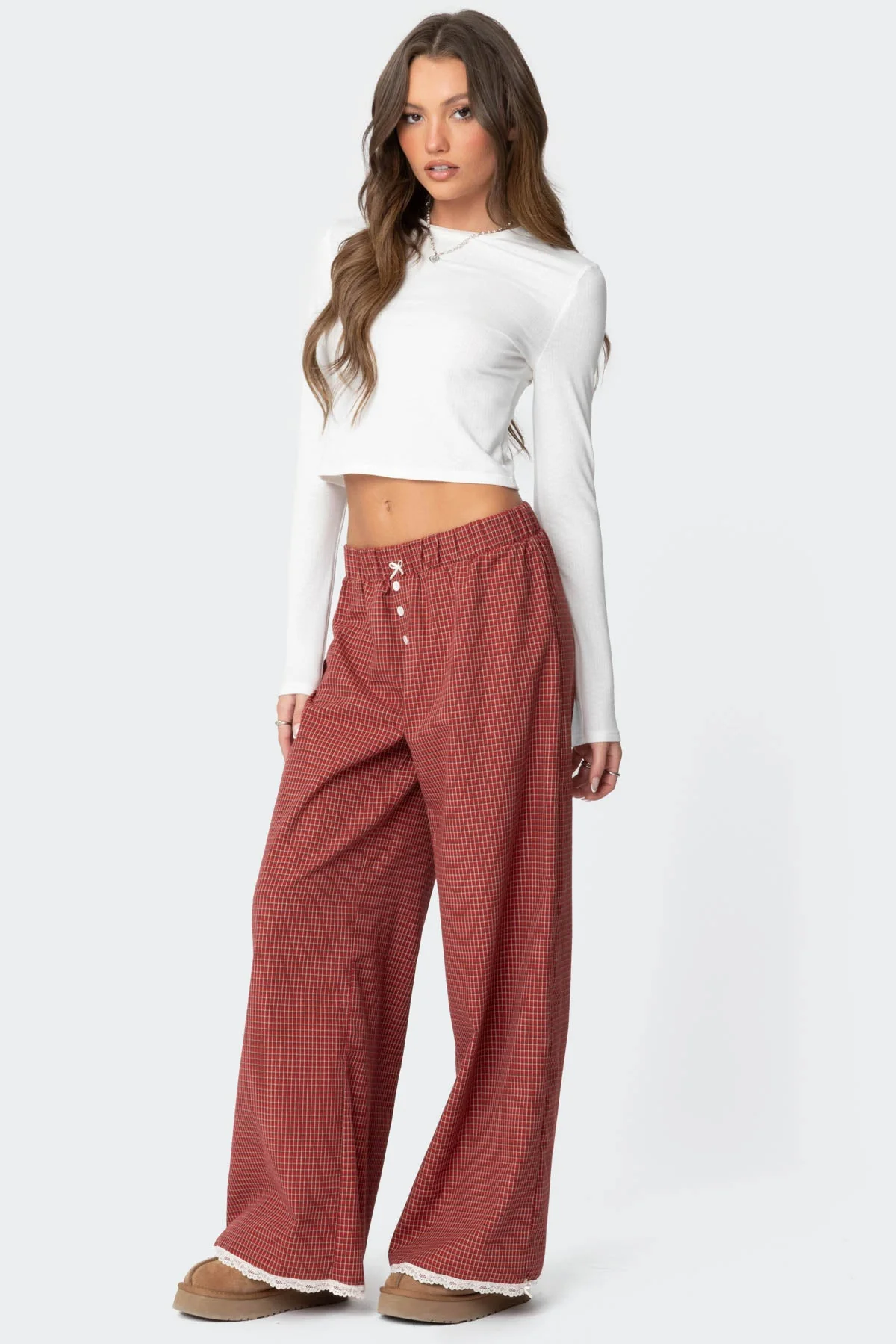 Red Plaid Lounge Pants Womens Elastic Waist Lace Trim Bow Detail
