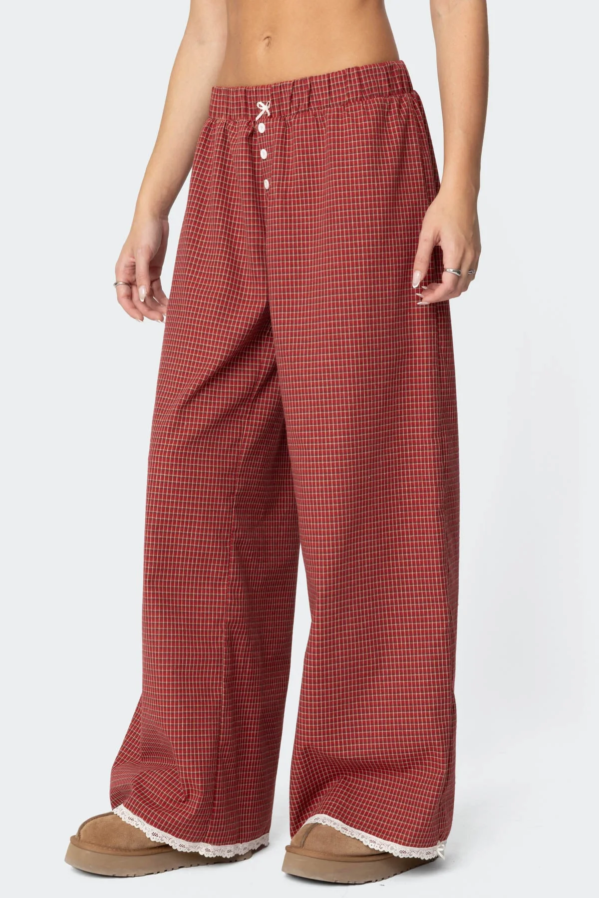 Red Plaid Lounge Pants Womens Elastic Waist Lace Trim Bow Detail