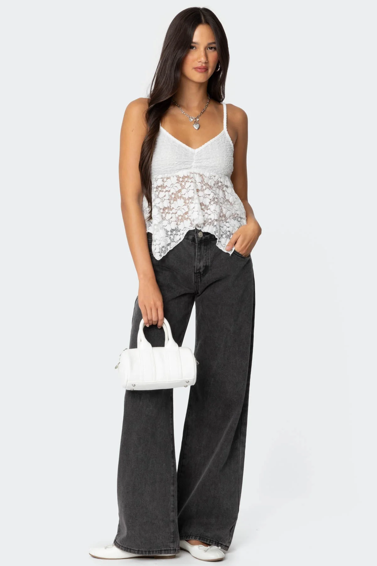 White Sheer Lace Tank Top | Adjustable Straps & Center Ruching