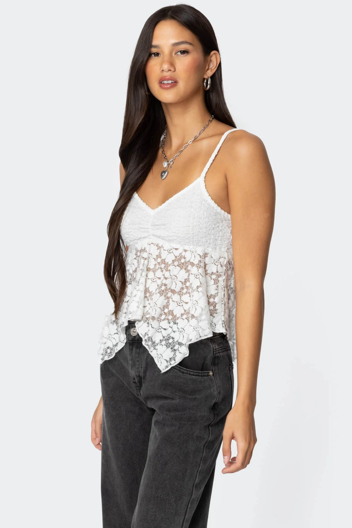 White Sheer Lace Tank Top | Adjustable Straps & Center Ruching