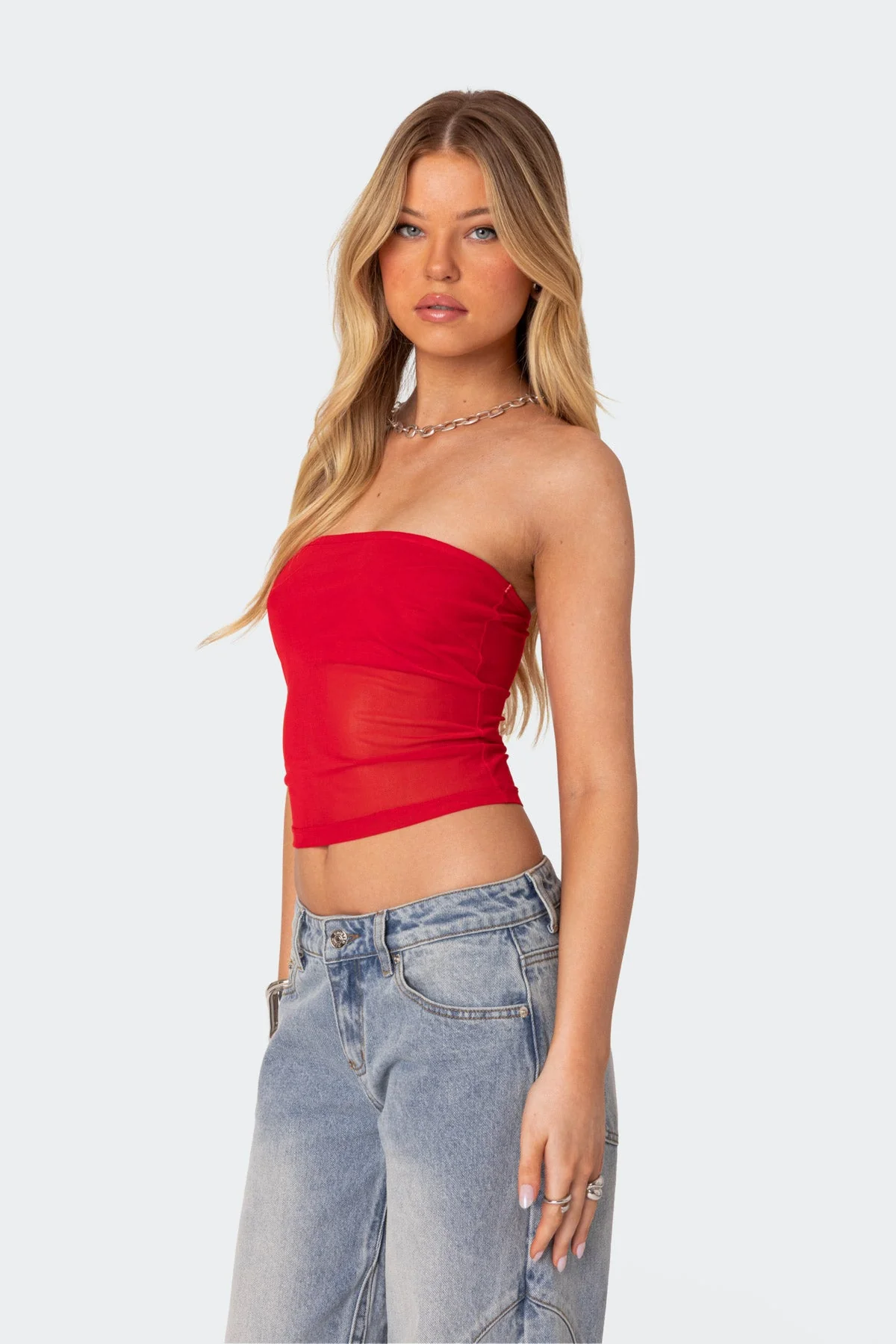 Red Sheer Mesh Tube Top XS-XL Strapless Celestia