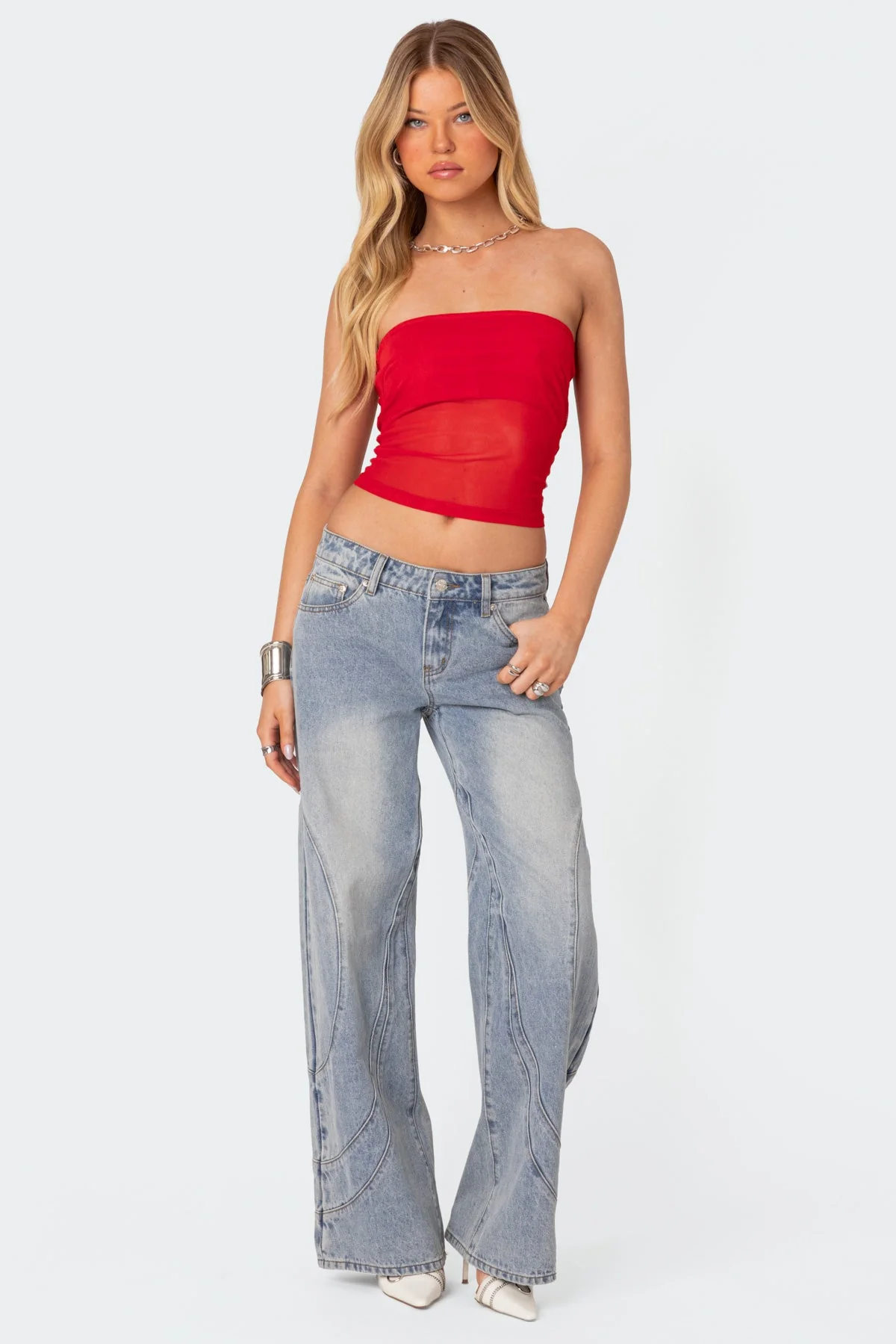 Red Sheer Mesh Tube Top XS-XL Strapless Celestia
