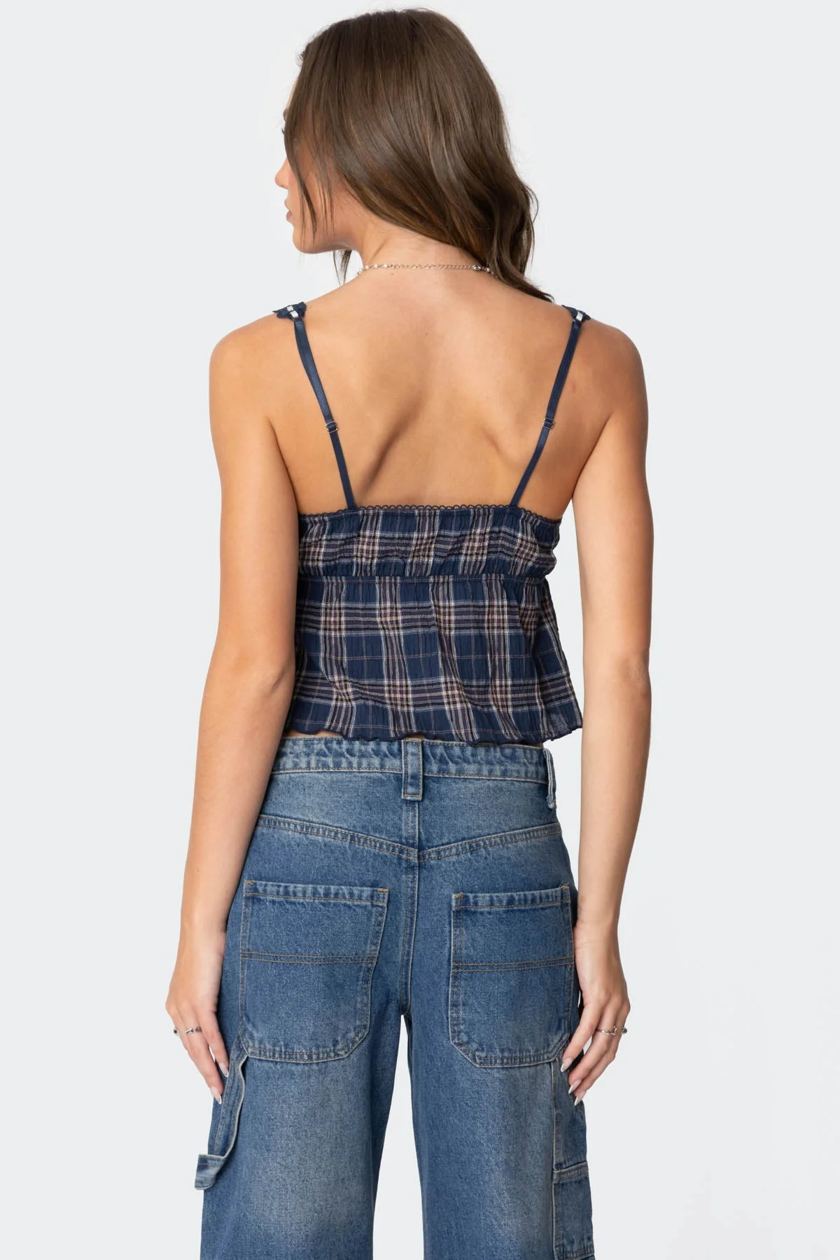 Navy Plaid Tank Top with Lace Trim