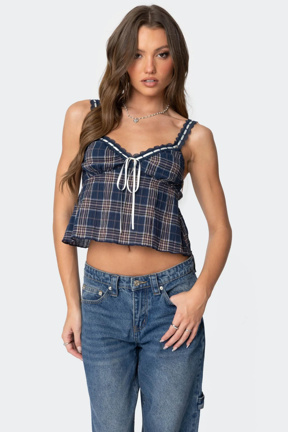 Navy Plaid Tank Top with Lace Trim