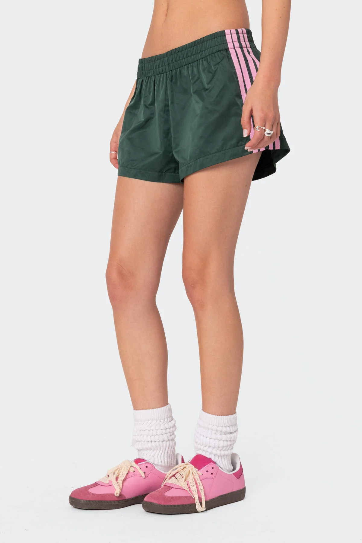 Dark Green Nylon Elastic Waist Shorts