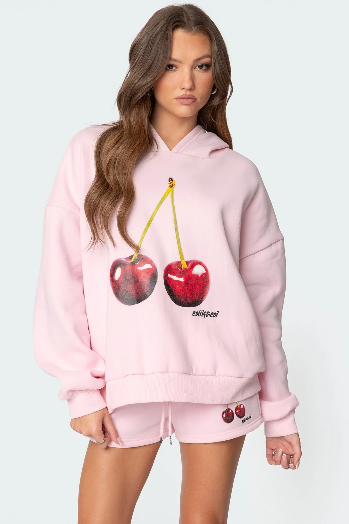 Cherry Print Graphic Hoodie Set Light Pink XS-XL
