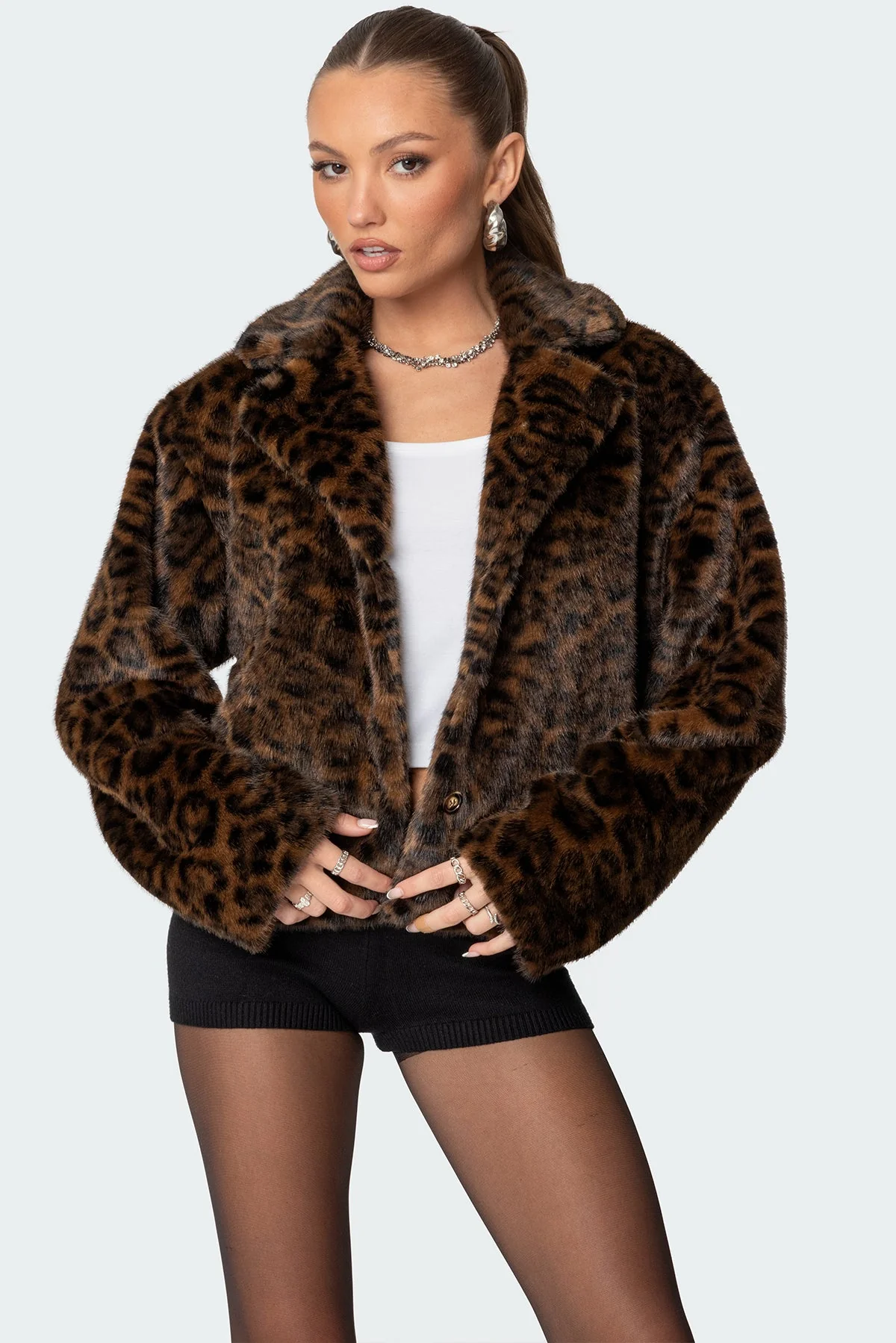 Brown Leopard Print Faux Fur Jacket Women Collared Front Button Closure