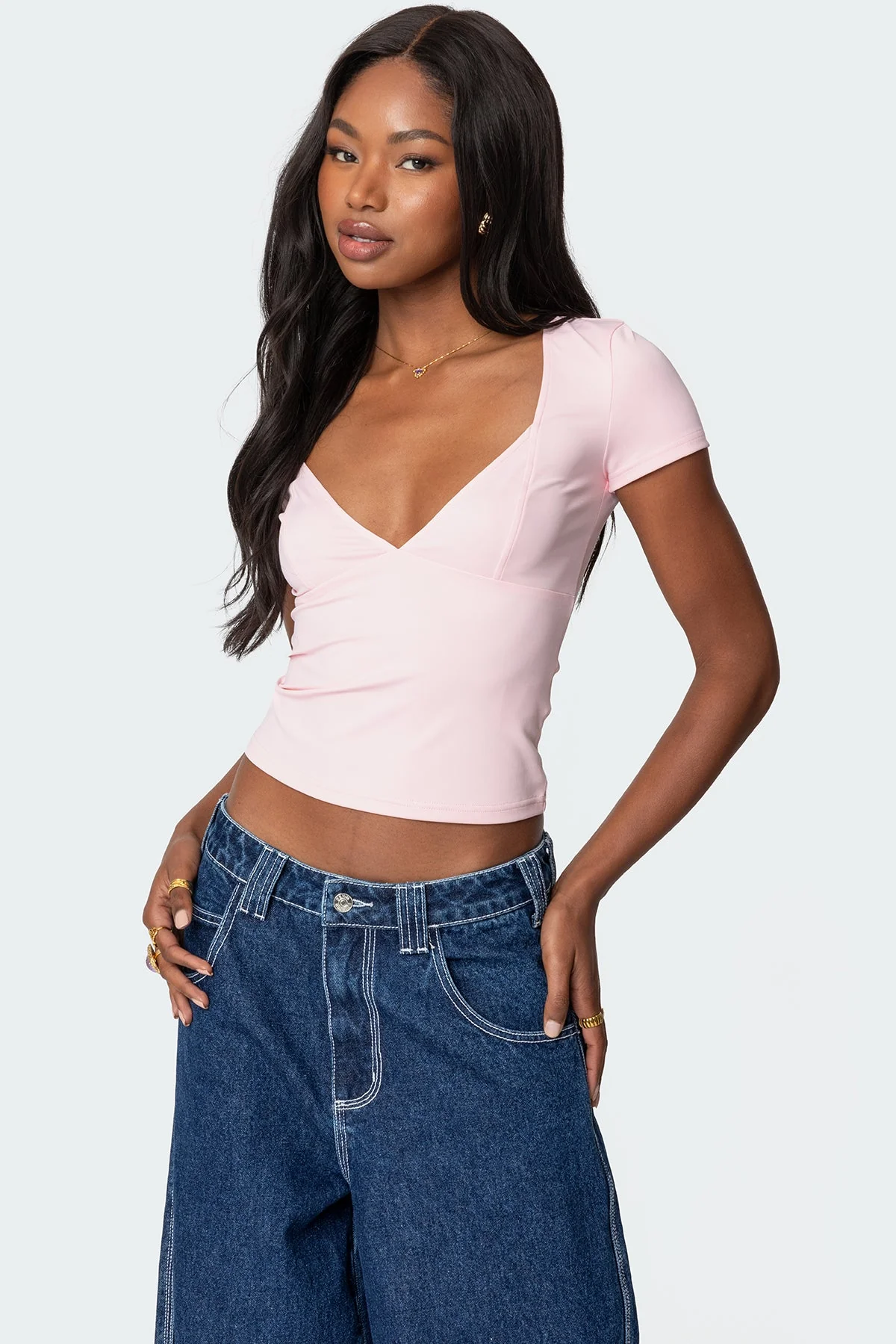 Pink V Neck Top for Women - Underbust Stitch Detailing | XS- XL Sizes