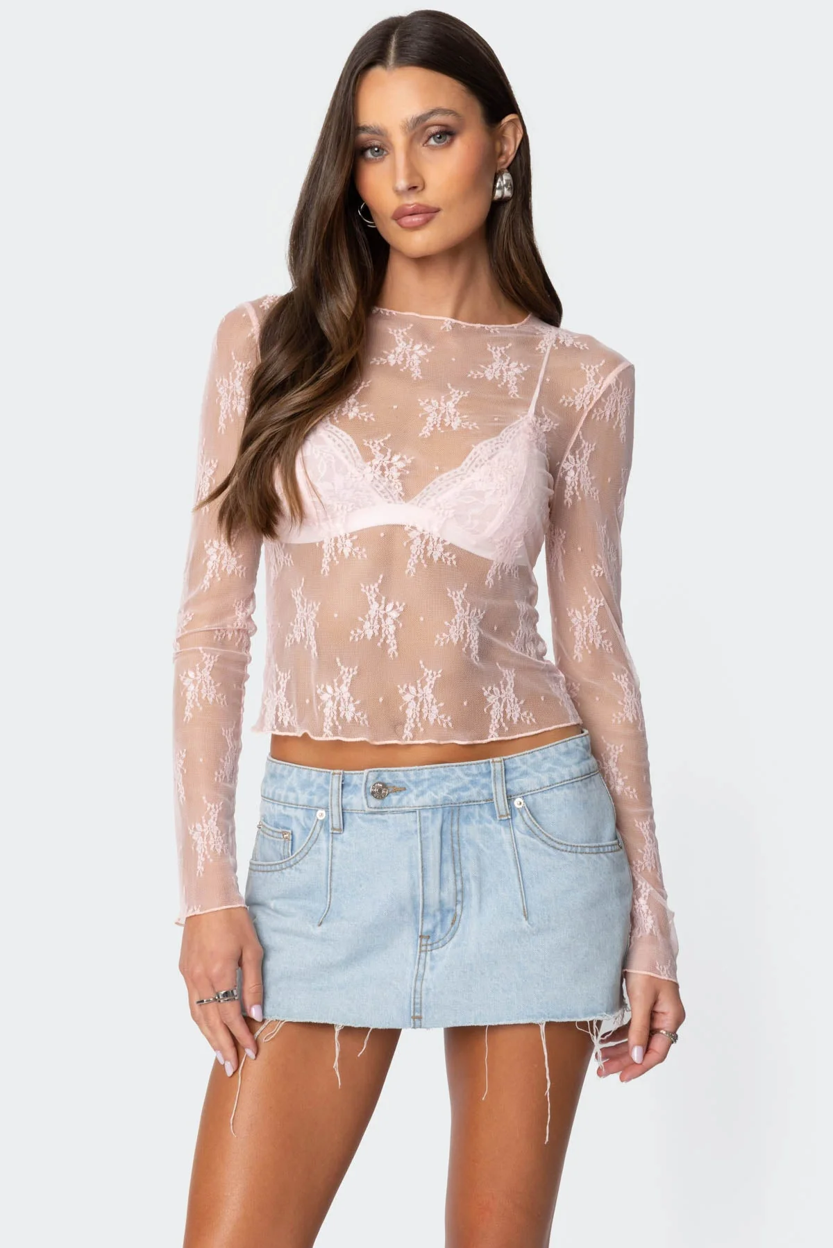 Sheer Lace Pink Top Womens Floral Long Sleeve