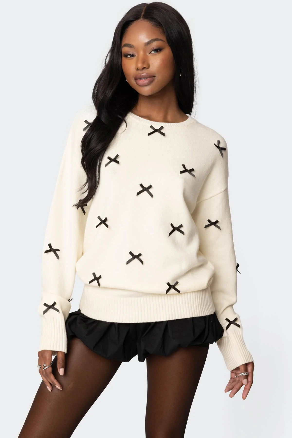 Cream Oversized Knitted Sweater with Satin Bow Detailing