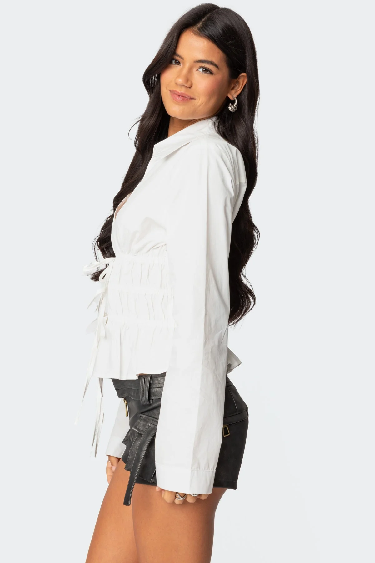 White Collared Tie Front Cotton Shirt