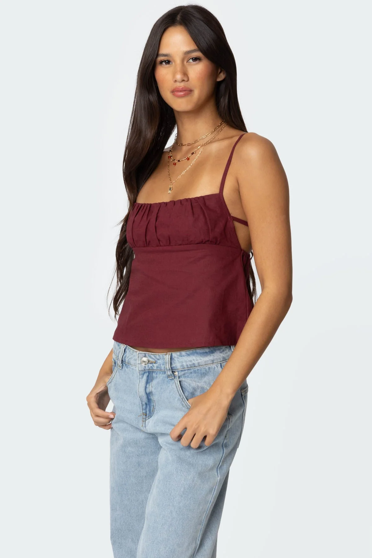 Burgundy Linen Look Tank Top with Open Back Detailing