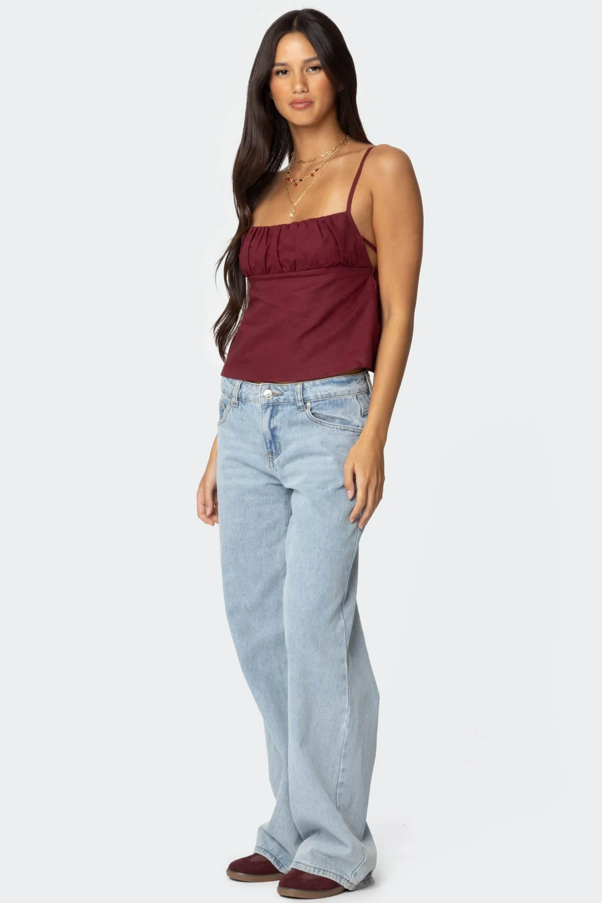 Burgundy Linen Look Tank Top with Open Back Detailing