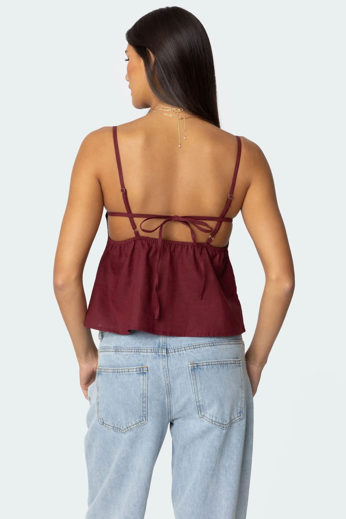Burgundy Linen Look Tank Top with Open Back Detailing