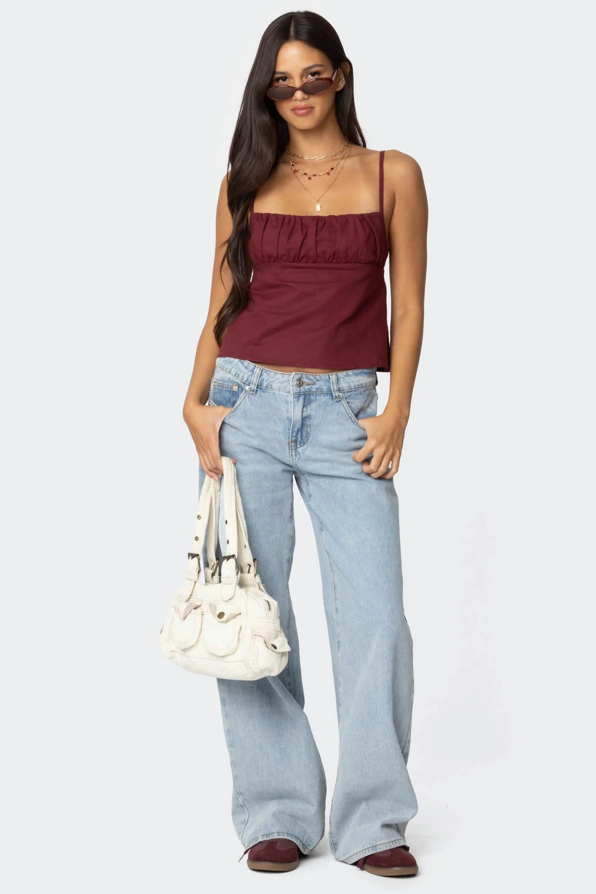 Burgundy Linen Look Tank Top with Open Back Detailing