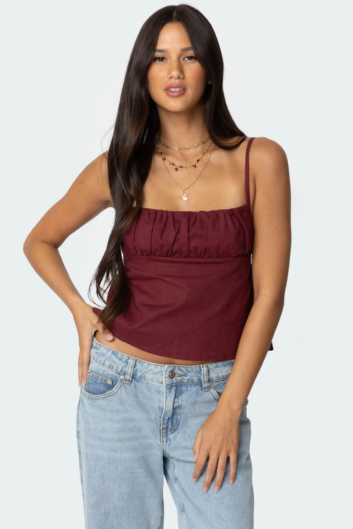 Burgundy Linen Look Tank Top with Open Back Detailing