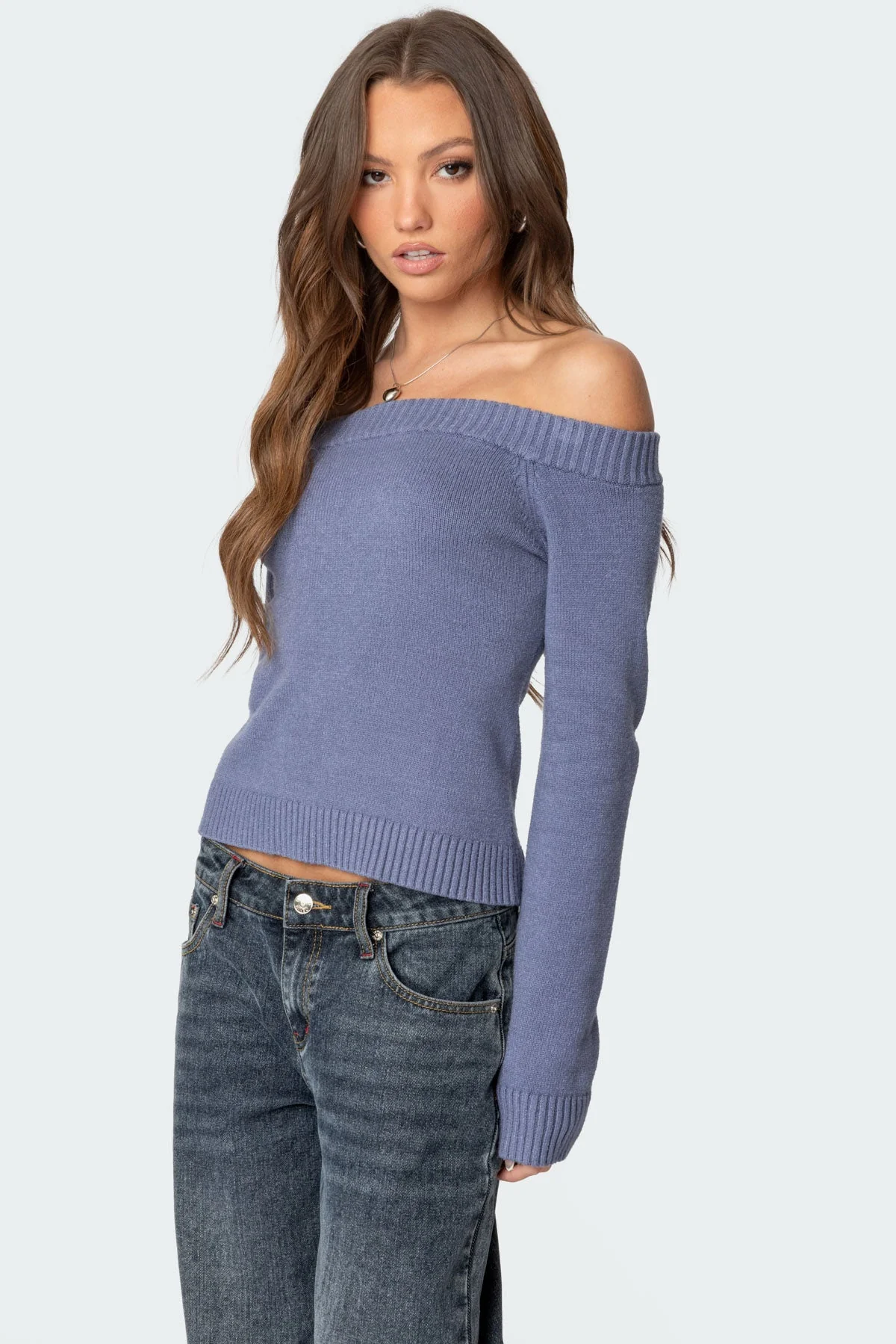Blue Knit Off Shoulder Sweater