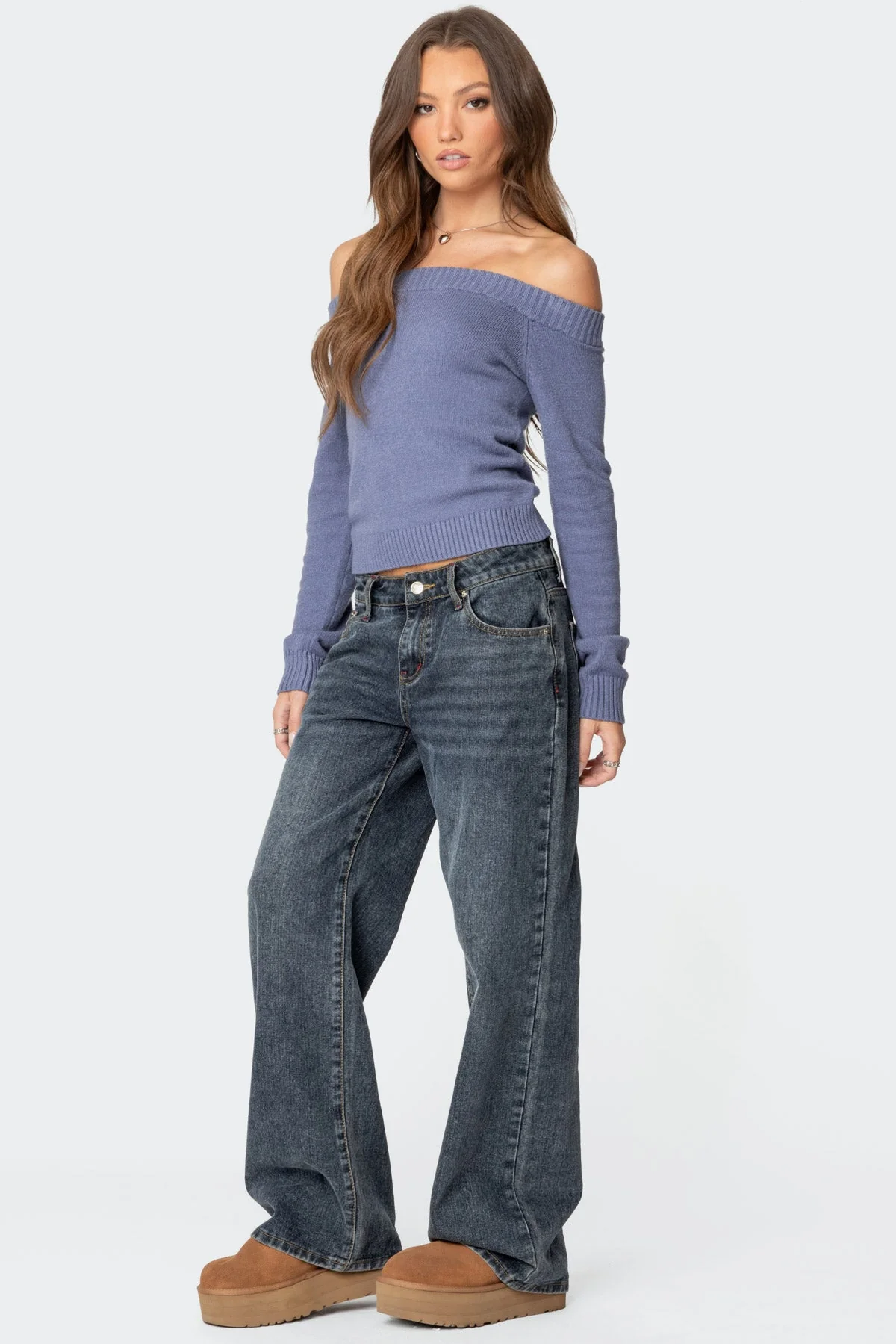 Blue Knit Off Shoulder Sweater