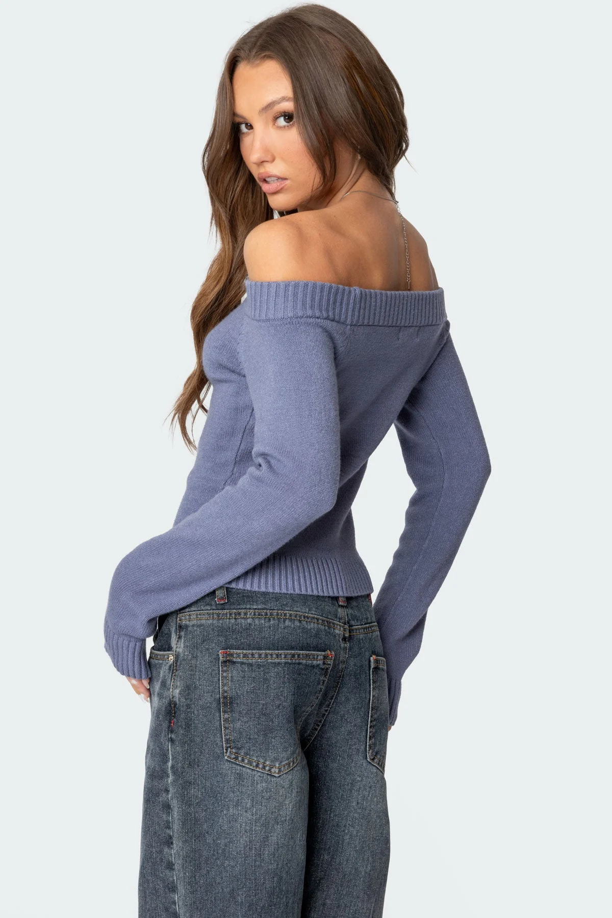 Blue Knit Off Shoulder Sweater
