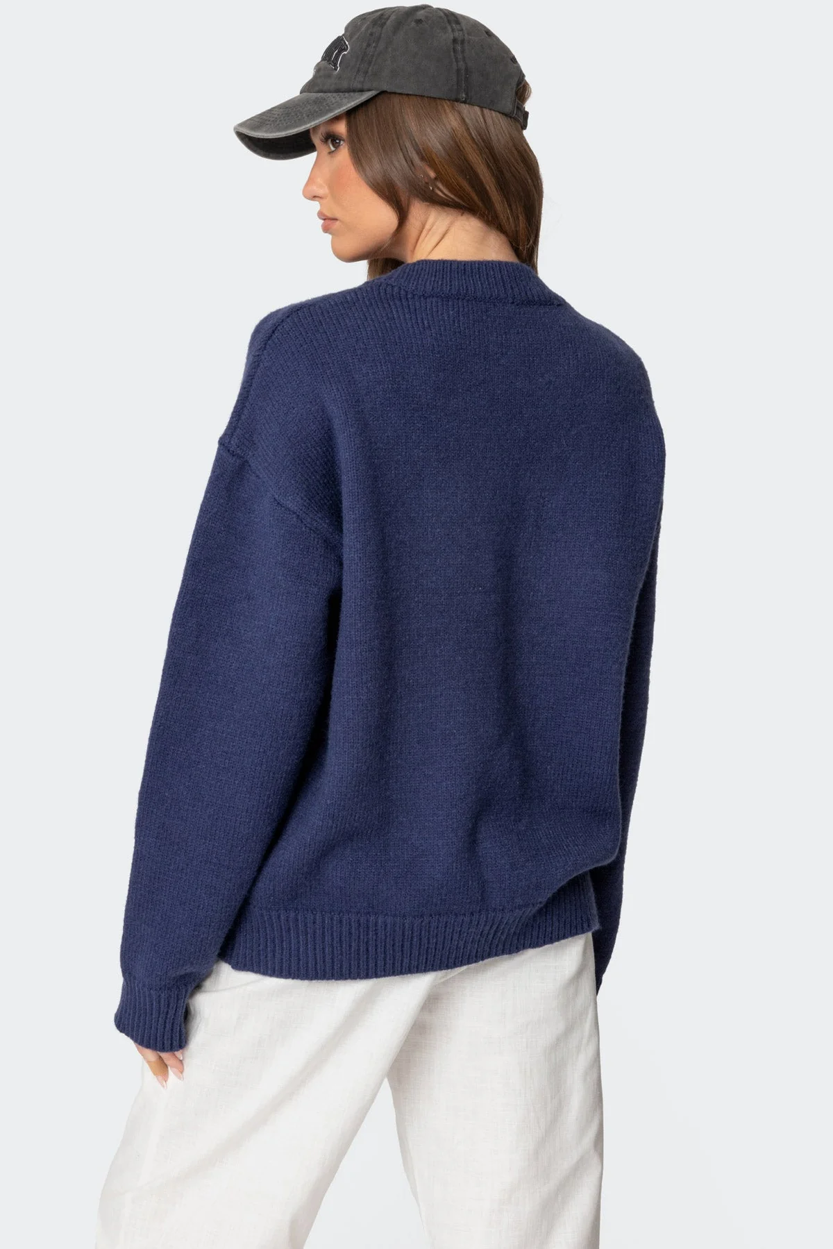 Chunky Knit Oversized Sweater in Navy Blue - Cozy Winter Fashion