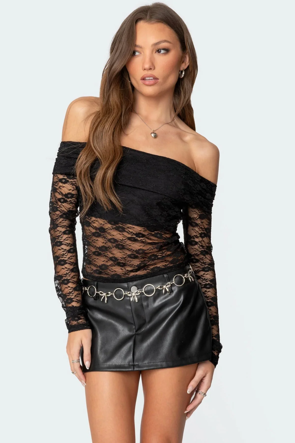 Black Sheer Lace Fold Over Top XS-XL