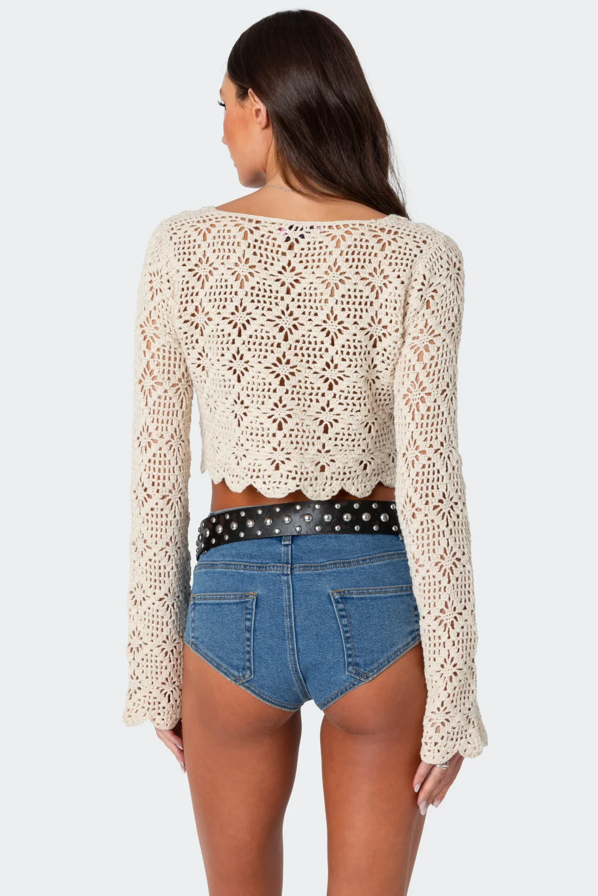 Beige Crochet Square Neckline Crop Top
