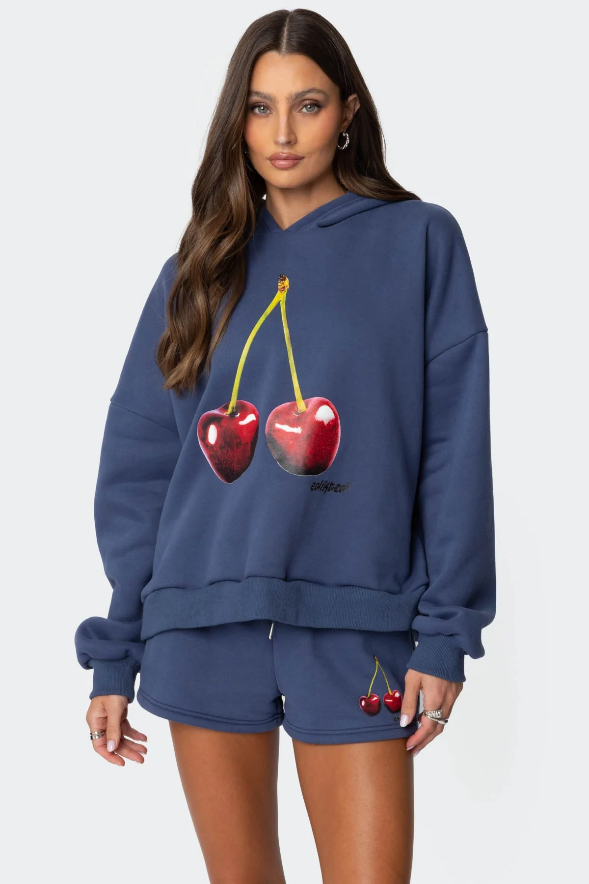 Cherry Blossom Graphic Hoodie Blue Long Sleeve Lounge Set