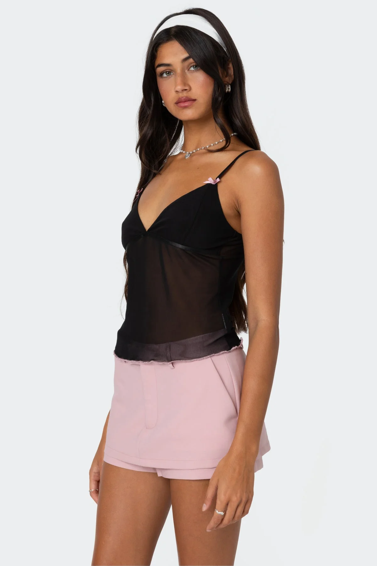 Sheer Mesh Black Top with Adjustable Straps & Bow Detailing