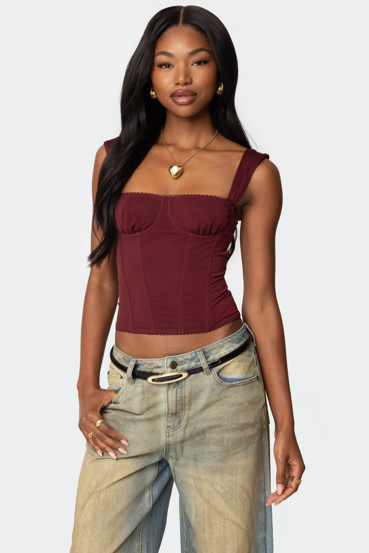 Burgundy Mesh Corset with Wide Straps