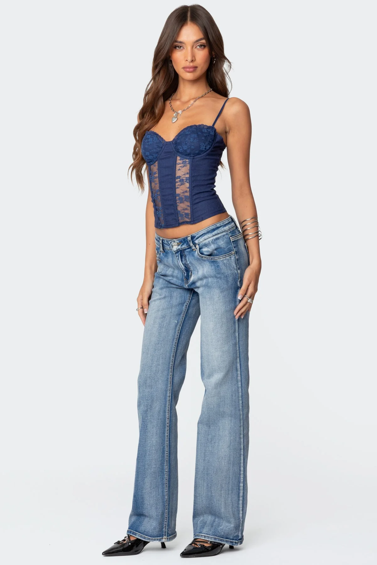 Navy Linen Lace Corset Top XL Womens Adjustable Straps