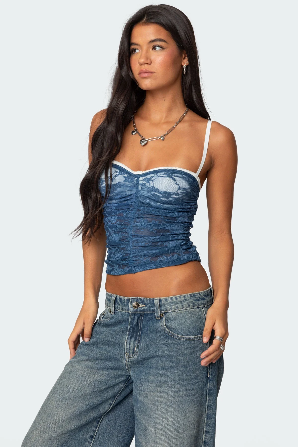 Navy Sheer Lace Tank Top with Adjustable Straps