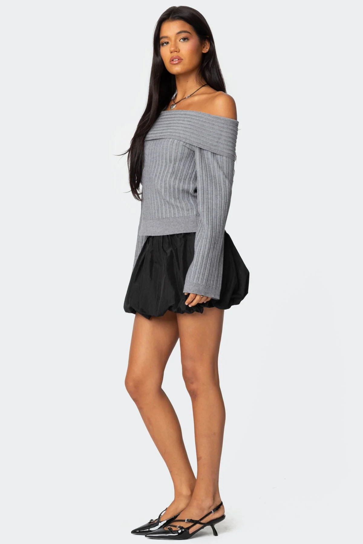 Gray Ribbed Fold Over Sweater Braided Detail