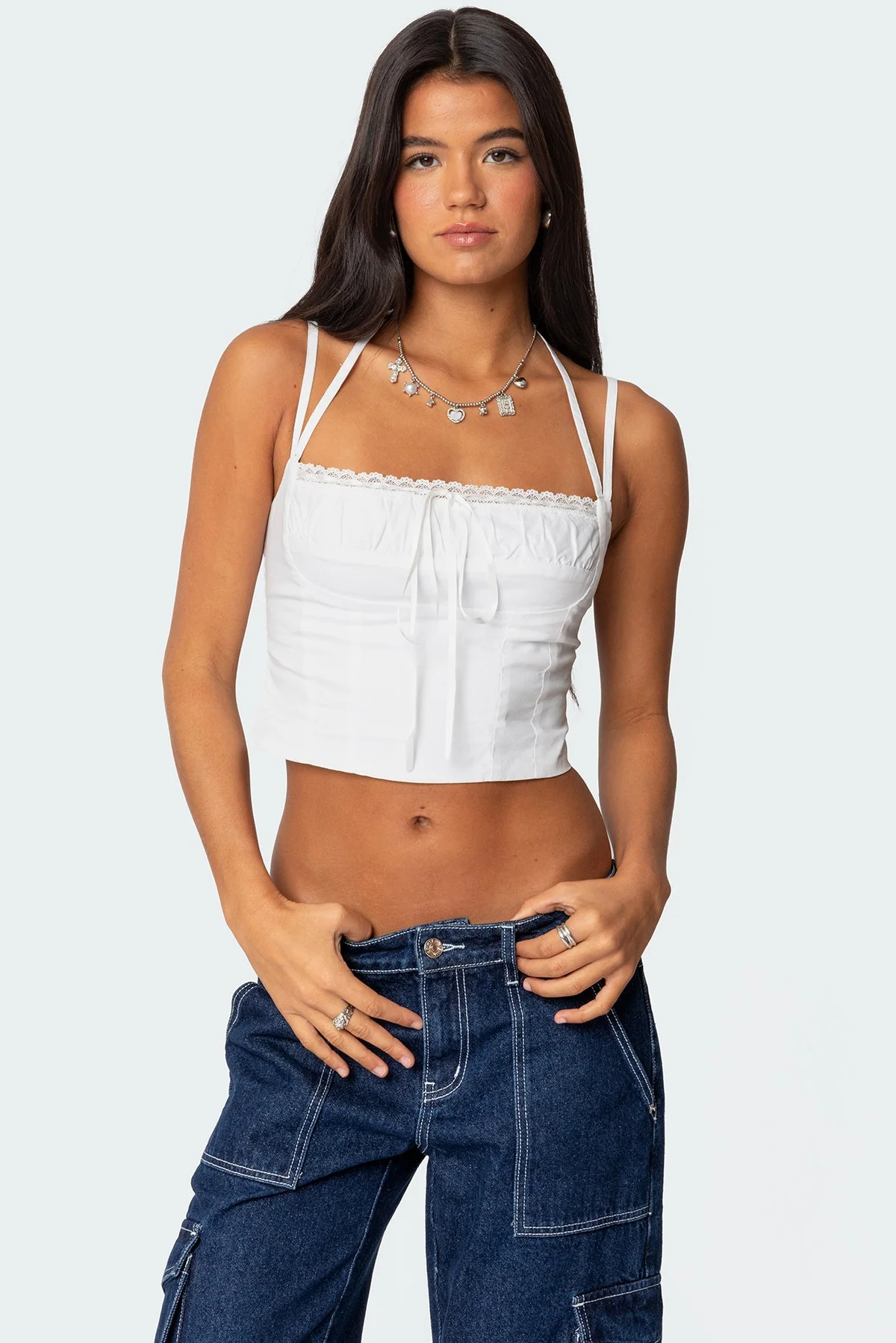 White Cotton Lace Up Halter Top for Women
