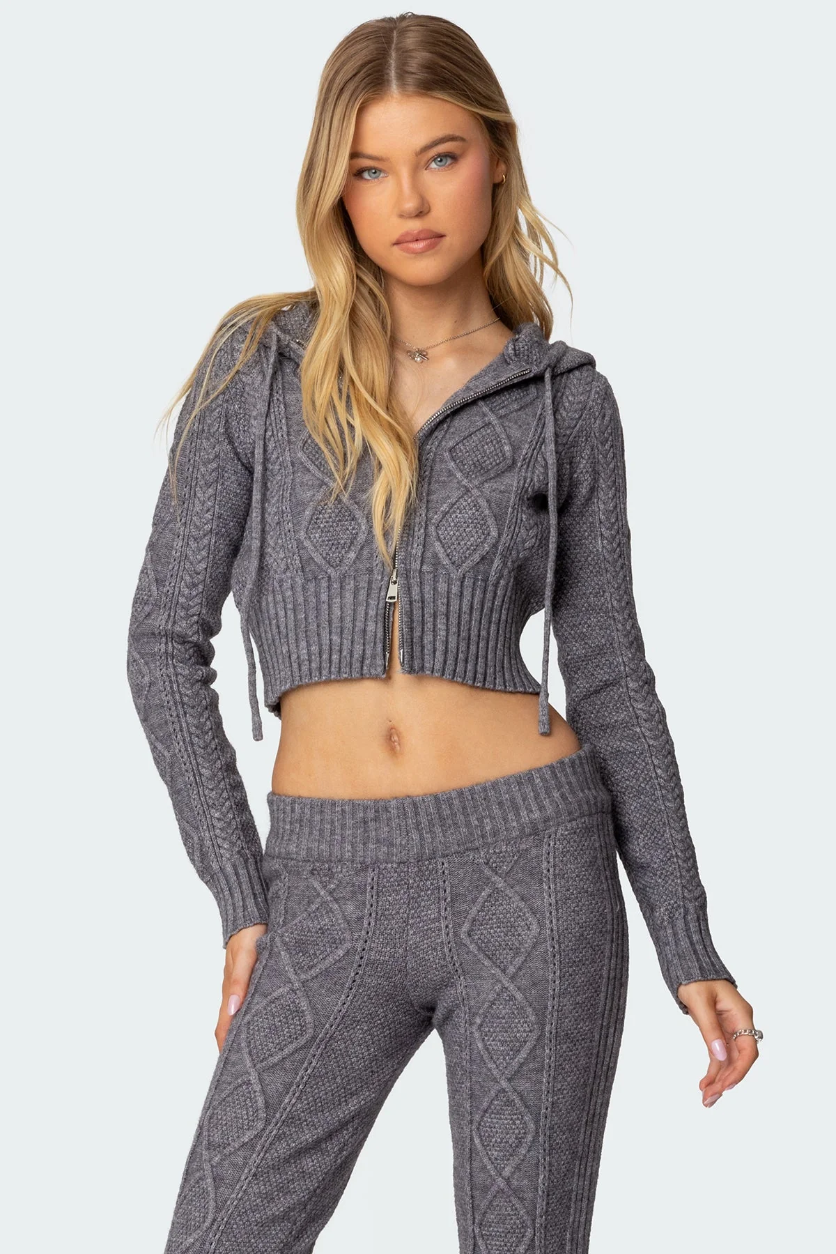Gray Cable Knit Hooded Cardigan Sweater
