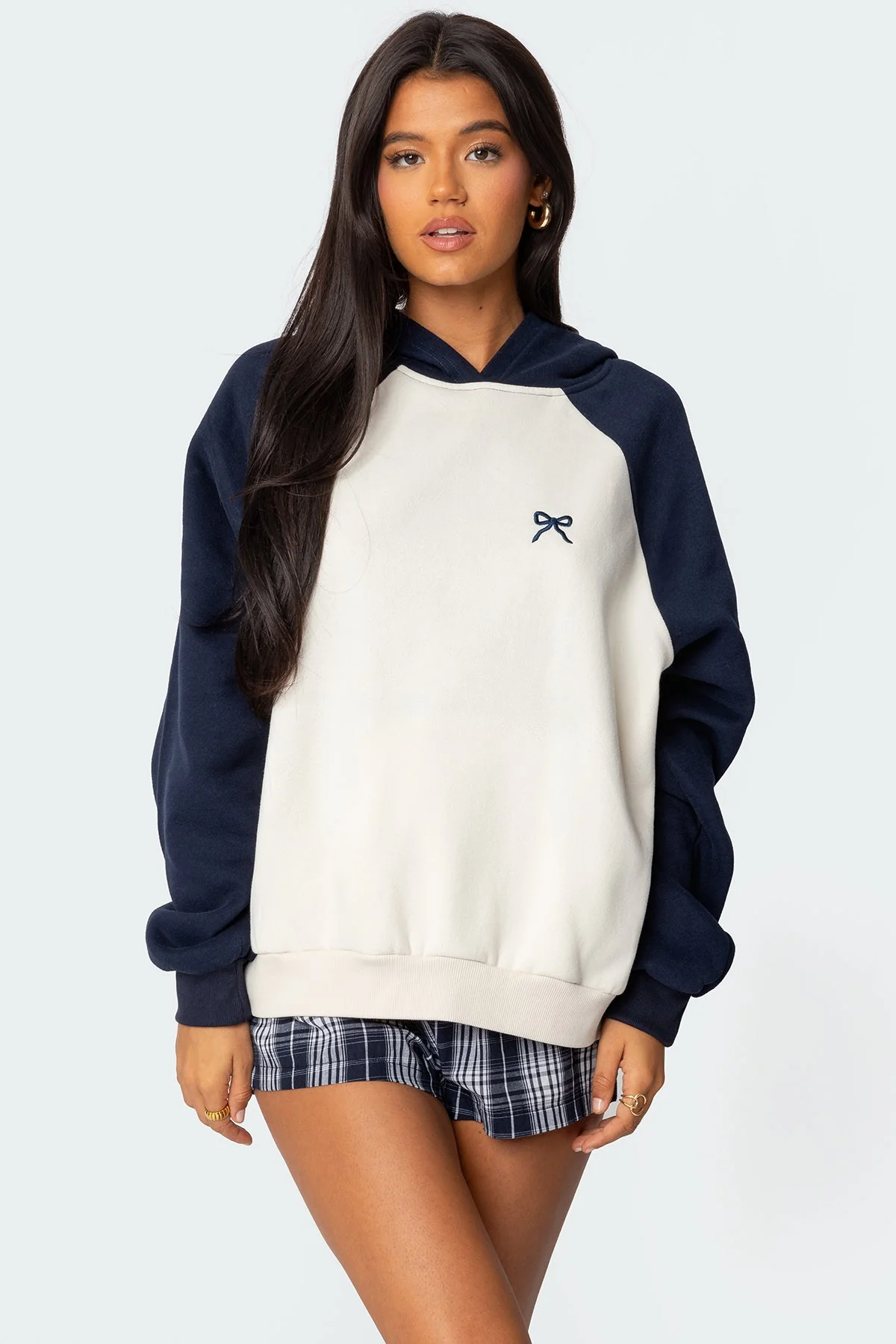 Oversized Navy and Cream Raglan Bow Hoodie