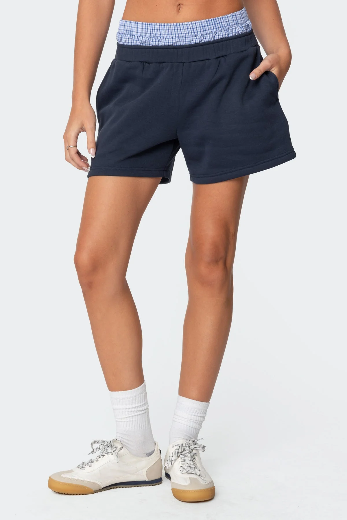 Navy Plaid Boxer Elastic Waist Sweat Shorts