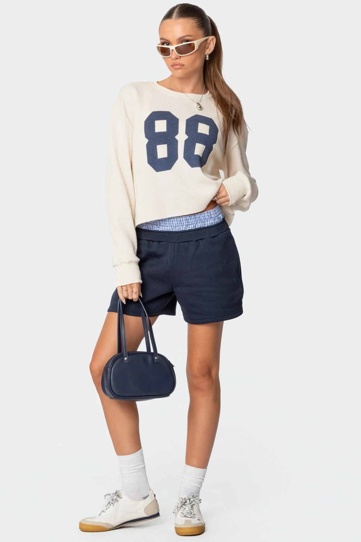 Navy Plaid Boxer Elastic Waist Sweat Shorts