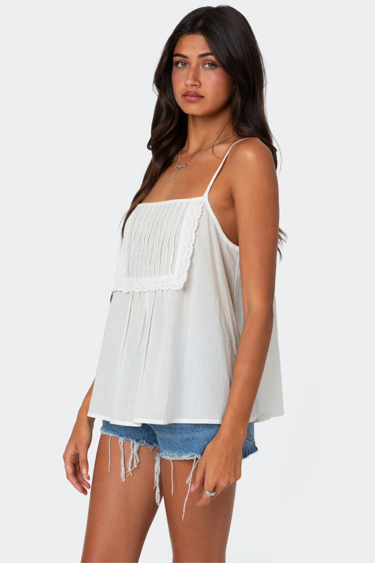 White Eyelet Trim Flowy Top