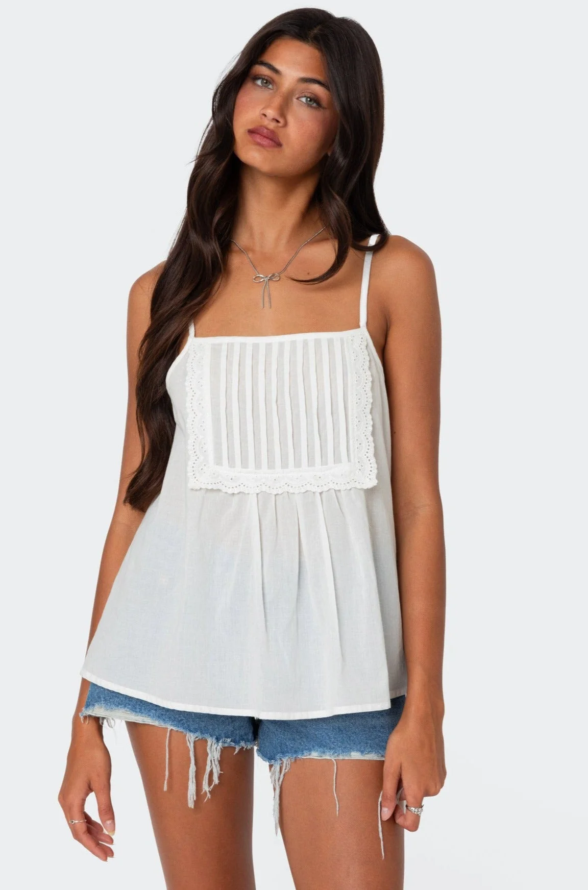 White Eyelet Trim Flowy Top