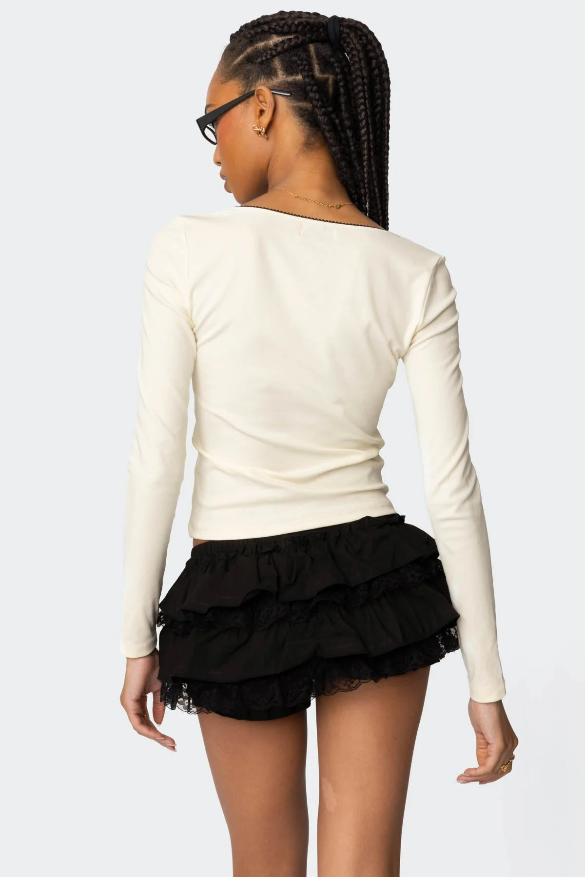 Feminine Square Neck Ruffle Trim Top
