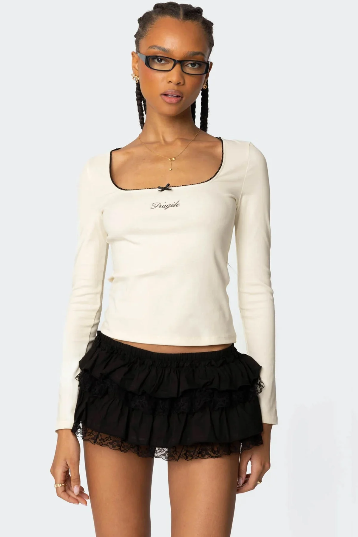 Feminine Square Neck Ruffle Trim Top