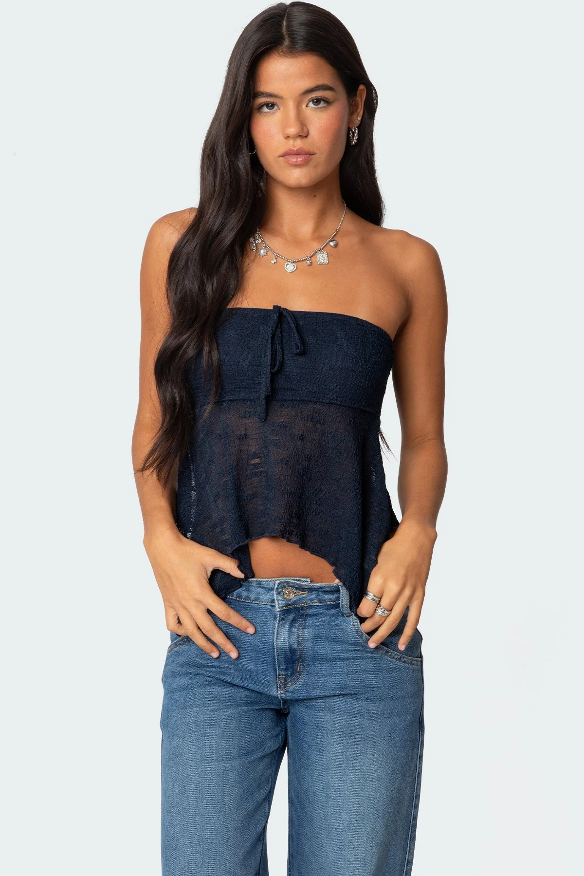 Navy Embroidered Sheer Tube Top
