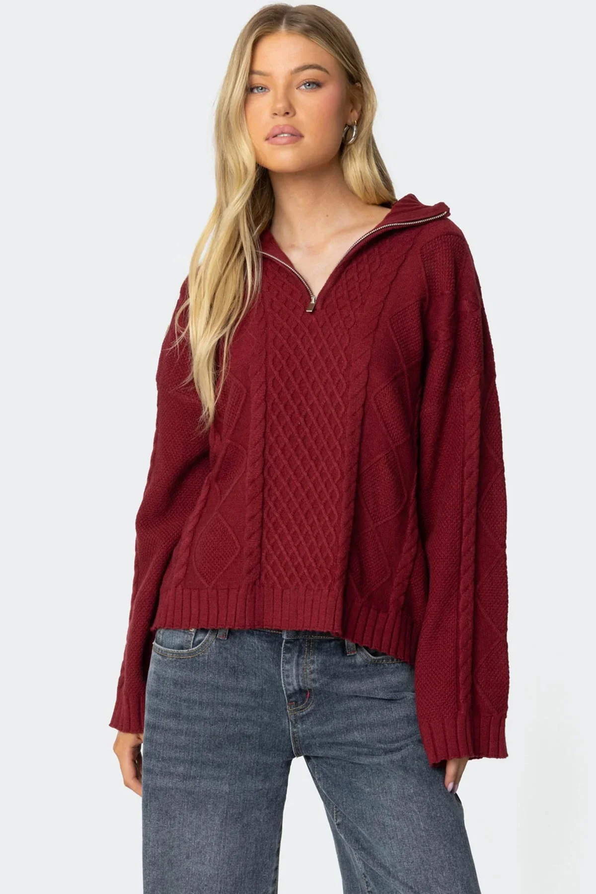 Cozy Burgundy Cable Knit Pullover Sweater