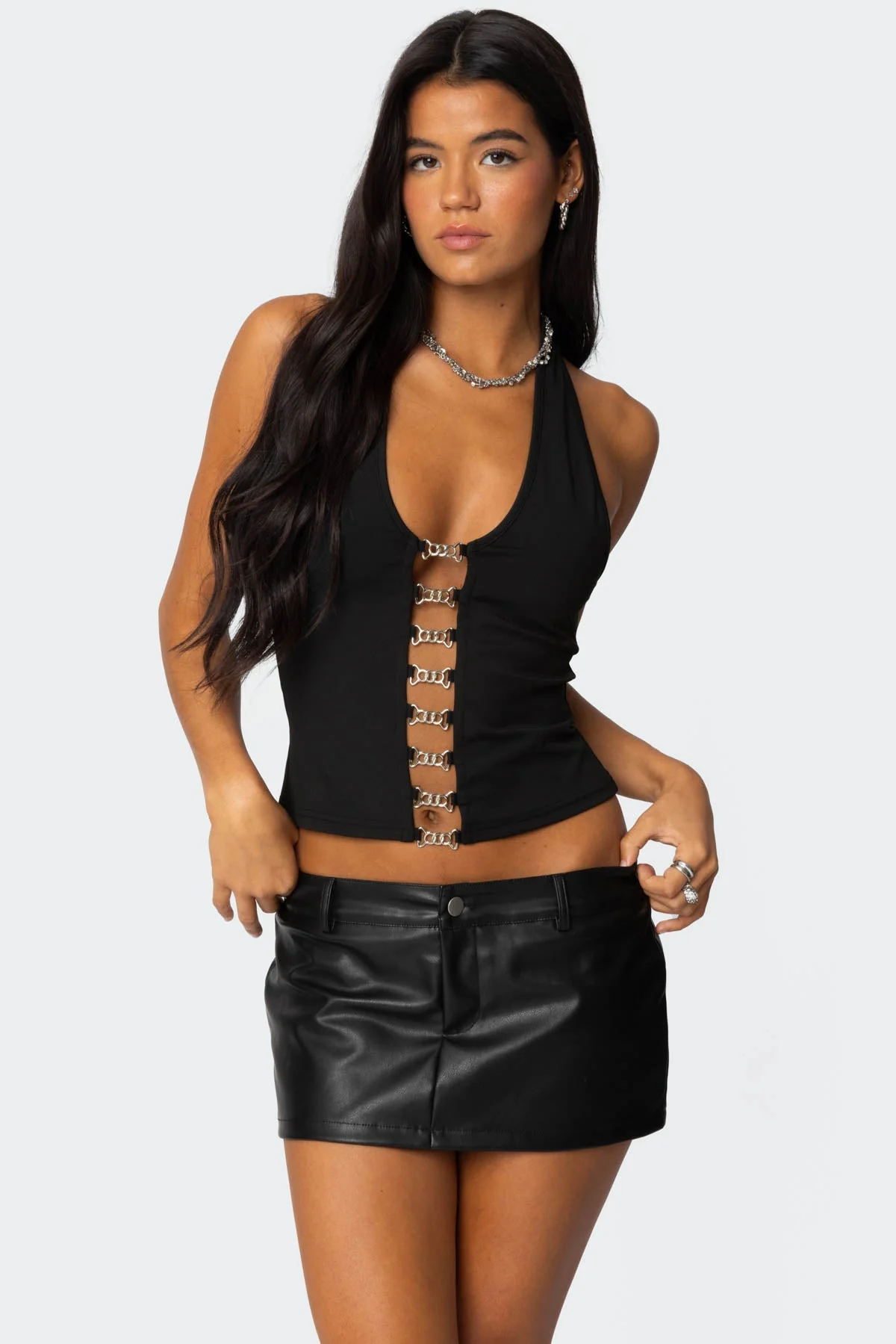 Cut Out Halter Top with Chain Detailing in Black