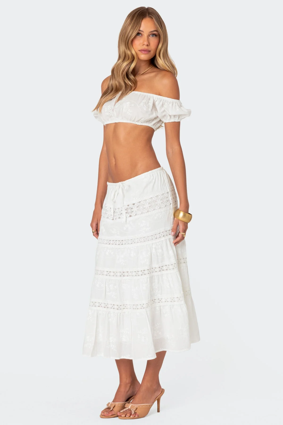 White Eyelet Bubble Style Off Shoulder Crop Top
