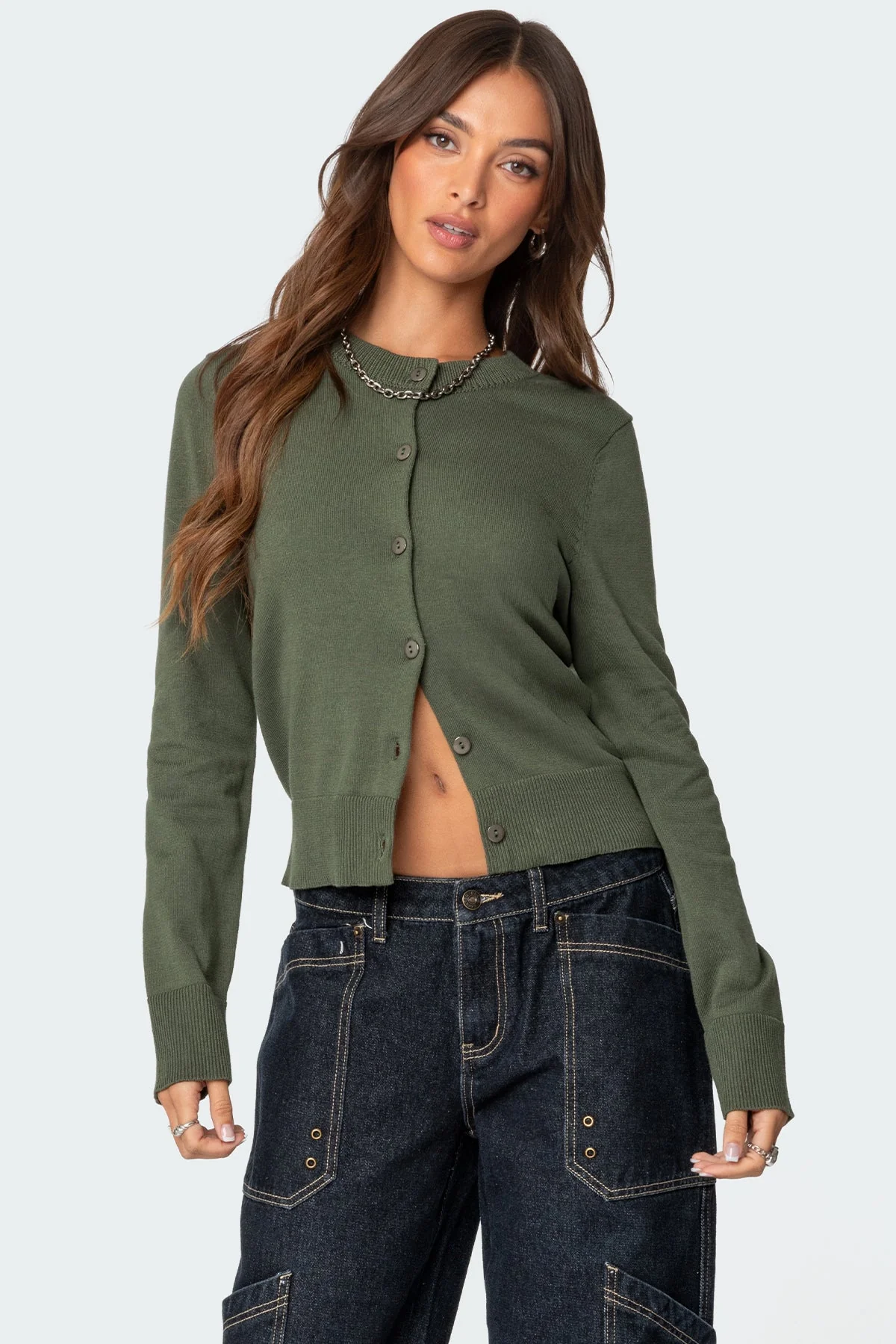 Womens Olive Knitted Cardigan - Button Up Style