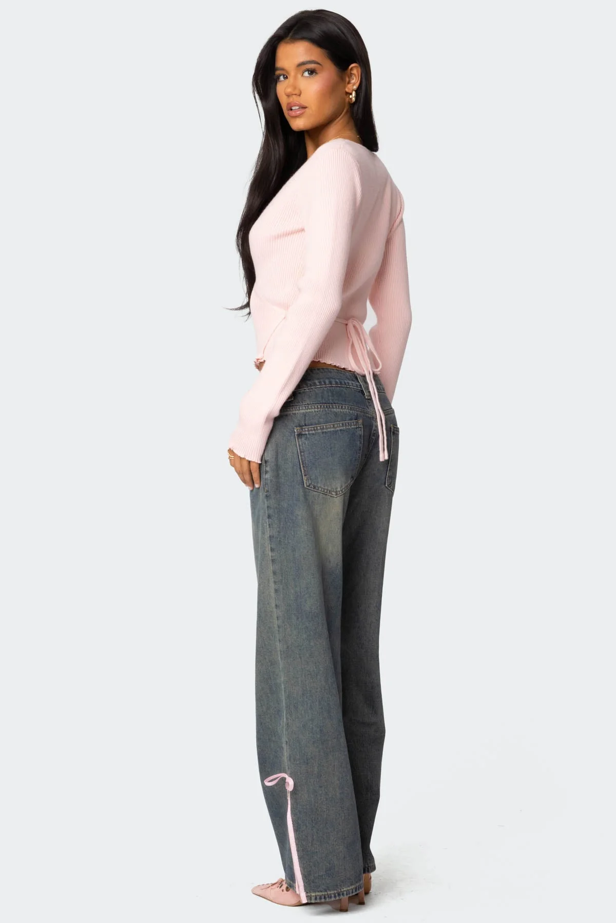 Light Pink Ribbed Knit Wrap Sweater