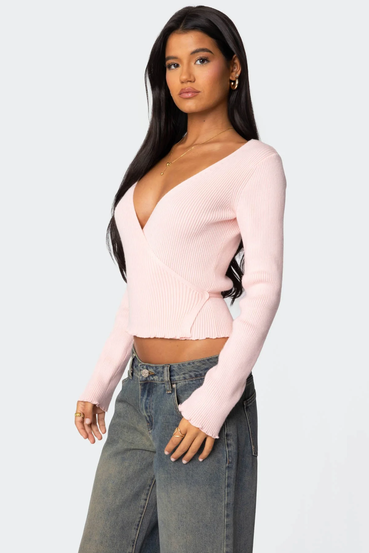 Light Pink Ribbed Knit Wrap Sweater