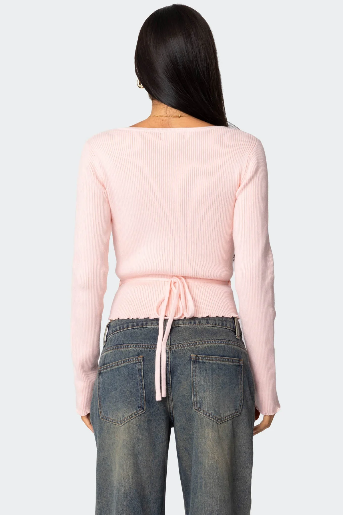 Light Pink Ribbed Knit Wrap Sweater